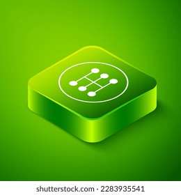 Isometric Gear shifter icon isolated on green background. Manual transmission icon. Green square button. Vector