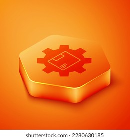 Isometric Gear wheel with package box icon isolated on orange background. Box, package, parcel sign. Delivery and packaging. Orange hexagon button. Vector Illustration