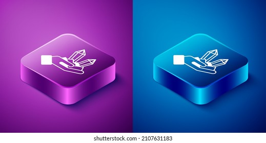 Icono de piedra Gem isométrica aislado en fondo azul y púrpura. Símbolo de joyería. Diamante. Botón cuadrado. Vector