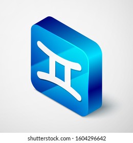 Isometric Gemini zodiac sign icon isolated on white background. Astrological horoscope collection. Blue square button. Vector Illustration