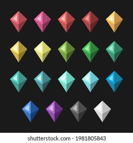Isometric gems set isolated on black, jewels of various colors. Ruby, garnet, topaz, citrine, peridot, emerald, aquamarine, sapphire, amethyst, diamond. EPS 8 vector illustration