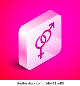 Isometric Gender icon isolated on pink background. Symbols of men and women. Sex symbol. Silver square button. Vector Illustration