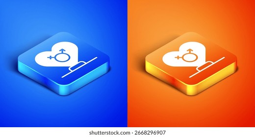 Icono isométrico del género aislado en fondo azul y naranja. Símbolos de hombres y mujeres. Símbolo sexual. Botón cuadrado. Vector