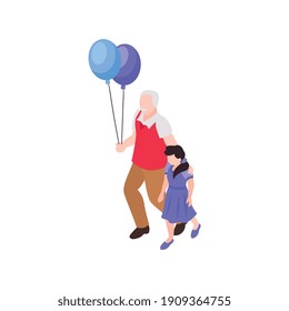 Isometric generation family composition with isolated human characters of small girl and senior man with balloons vector illustration