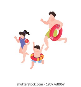 Isometric generation family composition with isolated human characters of running adult and kids with inflatable rings vector illustration