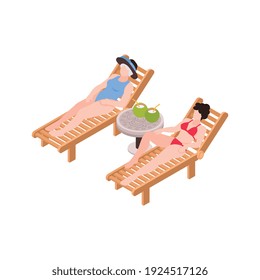 Composición familiar de generación isométrica con caracteres humanos aislados de la mujer soleándose con su ilustración vectorial madre