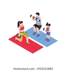 Isometric generation family composition with isolated human characters of parents and daughter with barbells vector illustration