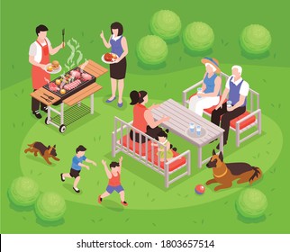 Isometric generation family composition with outdoor lawn scenery and bbq with parents dogs and running children vector illustration