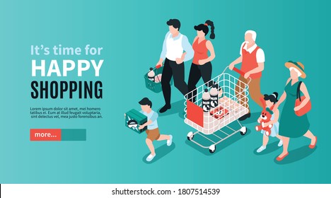 Isometric generation family horizontal banner with text more button and family member characters with shopping carts vector illustration