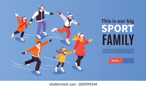 Banner horizontal de generación isométrica con padres y niños patinando sobre hielo con ilustración de botón y vector de texto