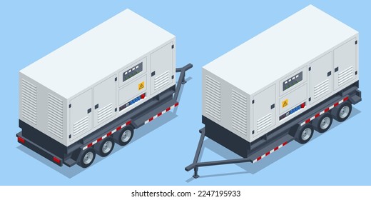 Isometric Generator trailer, Industrial Power Generators isolated on white background 3d vector illustration. Industrial Diesel Generator. Standby generator. svg