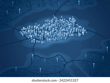 Isometric generic city map with signs. Point of intended goal, many markers. Abstract navigation plan of urban area. City streets and blocks. Colored editable vector illustration