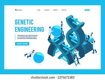 Isometric genetic engineering, DNA structure, medical workers, scientists. Template Landing page.