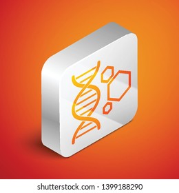 Isometric Genetic engineering icon isolated on orange background. DNA analysis, genetics testing, cloning, paternity testing. Silver square button. Vector Illustration