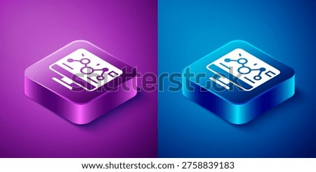 Isometric Genetic engineering modification on laptop icon isolated on blue and purple background. DNA analysis, genetics testing, cloning. Square button. Vector