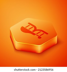 Isometric Genetically modified chicken icon isolated on orange background. Syringe being injected to chicken. Orange hexagon button. Vector