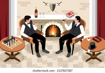 Isometric gentleman club composition with two men sitting at fireplace smoking pipes drinking tea with chess vector illustration