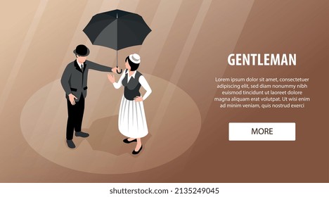 Isometric gentleman horizontal banner with characters of vintage couple with umbrella editable text and more button vector illustration
