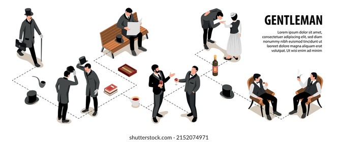 Isometric gentleman infographics with flowchart of isolated human characters of vintage men activities with editable text vector illustration
