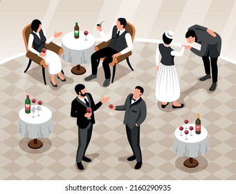 Isometric gentleman lady composition with indoor view of banquet hall with tables drinks and vintage people vector illustration