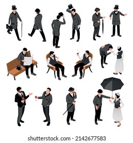 Isometric gentleman set with isolated vintage icons and human characters of old fashioned men and women vector illustration