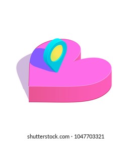 Isometric geo tag on heart simple icon. Find you love online dating concept vector illustration