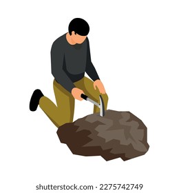 Isometric geologist working with hammer 3d vector illustration