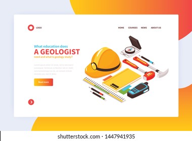 Isometric geology concept banner with images of geologists tools and clickable links editable text and buttons vector illustration