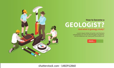 Isometric geology horizontal banner with editable text slider button and human characters of geologists with instruments vector illustration