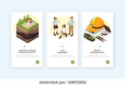 Isometric geology vertical banners collection with editable text description clickable page switch buttons and related images vector illustration