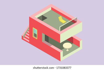 Isometric Geometric Cute Pink Beach House Design Flat Illustration