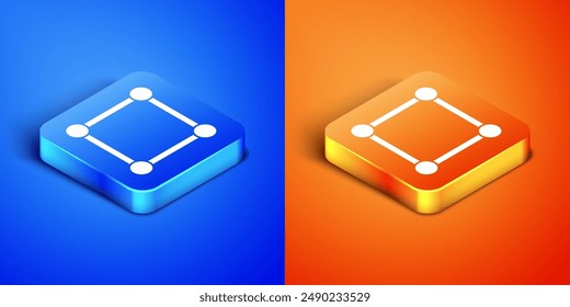 Isometrische geometrische Figur Quadratisches Symbol auf blauem und orangefarbenem Hintergrund. Abstrakte Form. Geometrisches Ornament. Quadratisches Button. Vektorillustration
