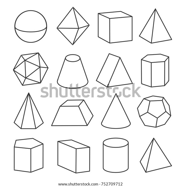 Isometric geometric figures.\
Geometric drawing of three dimensional objects for math and\
geometry study. Vector line art illustration isolated on white\
background