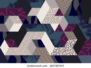 Isometric geometric pattern of colored shapes. Abstract vector illustration