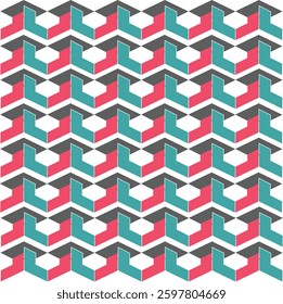Isometric geometric patterns in red, blue and grey, creating a modern and futuristic 3D illusion.