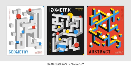 Cartel geométrico isométrico. Patrón de cubo Abstractas. Diseño de perspectiva 3D. Forma de estructura colorida, Anuncio moderno. Concepto de construcción de Plantilla. Vector estridente mínimos fondos gráficos colección