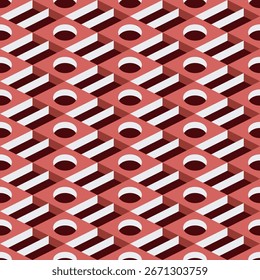 Bloco Isométrico Geométrico Vermelho e Branco com Padrão Sem Costura de Orifício de Círculo