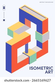 Isometric geometric shape abstract art on white background. Design element template can be used for poster, backdrop, brochure, flyer, leaflet, wallpaper, vector illustration