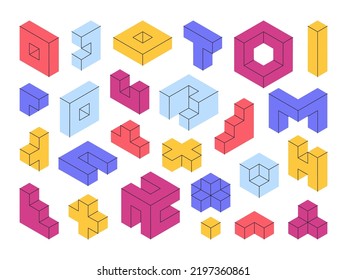 Isometric geometric shapes, 3d blocks, puzzle game elements. Mosaic logic game blocks, constructor cube block elements vector illustration collection. Colourful cubes set