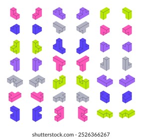 Formas geométricas isométricas. Blocos 3d mosaico, colorido jogo de quebra-cabeça cubo blocos ilustração vetorial conjunto. Elementos de construtor de jogos lógicos
