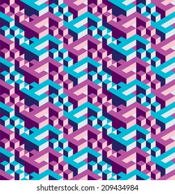 Isometric geometric vector seamless pattern of triangles, blue and purple, ready to use