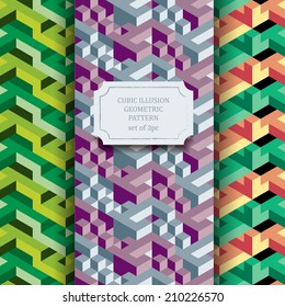 Isometric geometric vector seamless pattern of triangles, set of three hipster textures, ready to use