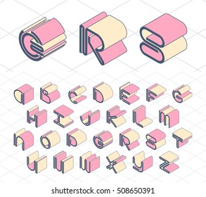 Isometric geometrical color outline latin font, graphical decorative type.
