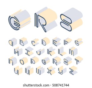 Isometric geometrical contrast and pale color latin font, modern graphical decorative type, vector english alphabet letters. 