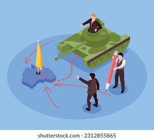 Isometric geopolitics composition with characters of officials drawing red lines arrows running tank to conquer territory vector illustration