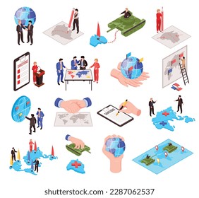 Isometric geopolitics set with isolated icons of handshakes political agreements territorial partitions standoffs on blank background vector illustration