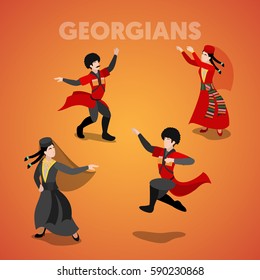 Isometric Georgian Dancing People in Traditional Clothes. Vector 3d flat illustration