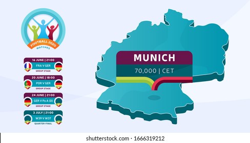 Isometric Germany country map tagged in Munich stadium which will be held football matches vector illustration. Football 2020 tournament final stage infographic and country info