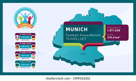 Isometric Germany country map tagged in Munich stadium which will be held football matches vector illustration. Football 2020 2021 tournament final stage infographic and country info