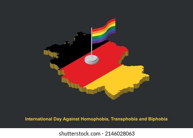 Isometric Germany map in national colors with LGBT flag on flagpole vector illustration. International day against homophobia concept.